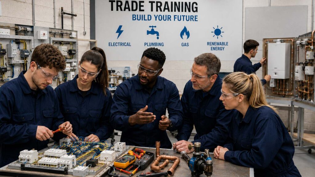 Adults in a London trade training centre learning electrical, plumbing, gas and renewable energy skills